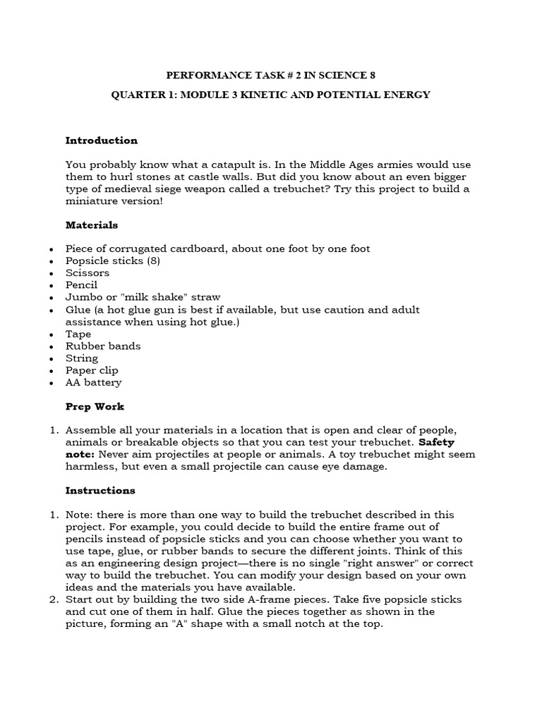Performance Task 2 Ke And Pe Pdf Lever Potential Energy