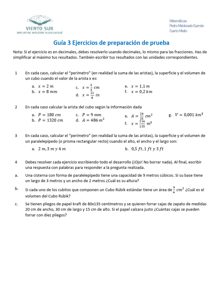 Guia 3 Ejercicios de Preparacion de Prueba | PDF | Volumen