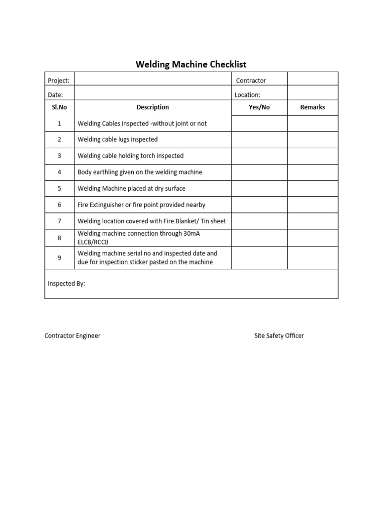 Welding Machine Checklist PDF