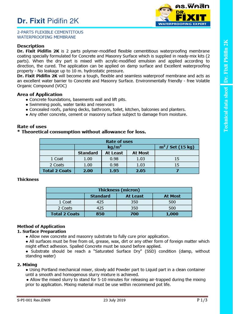 Dr. Fixit Pidifin 2K Waterproofing Guide | PDF | Concrete | Civil ...