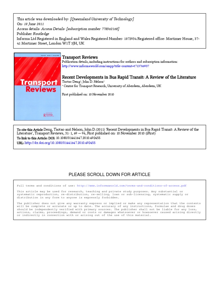 Recent Developments in Bus Rapid Transit A Review of The Literature ...