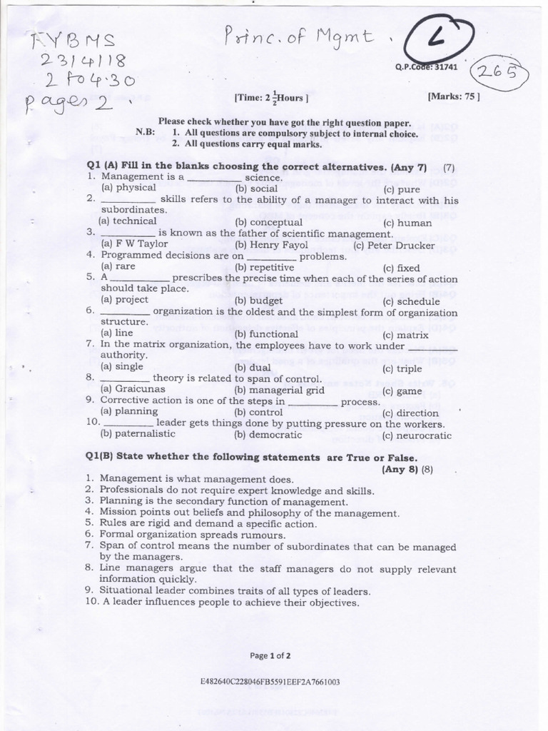 Principles of Management Question Paper | PDF