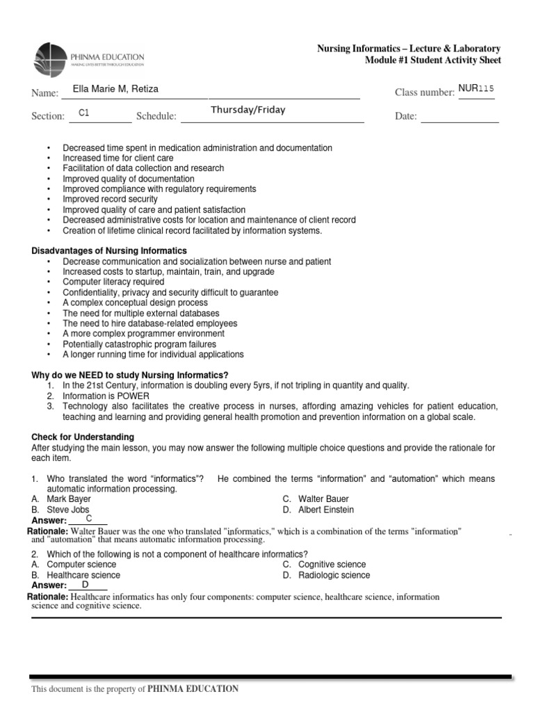 Class number name section schedule date nursing informatics