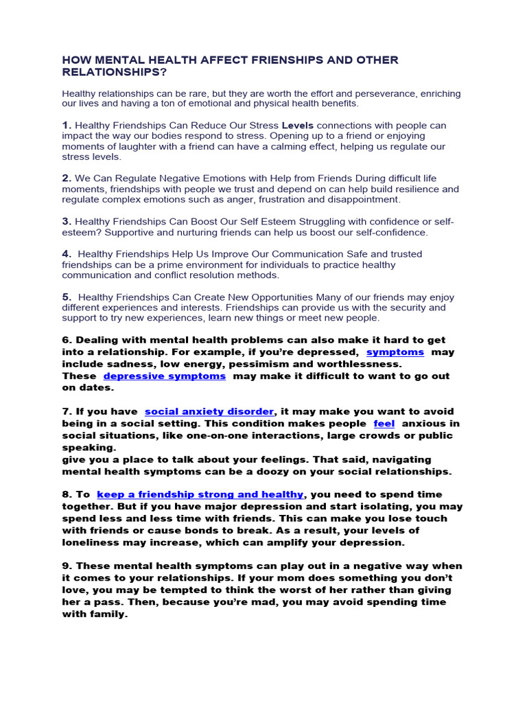 How Mental Health Affect Frienships and Other Relationships? | PDF