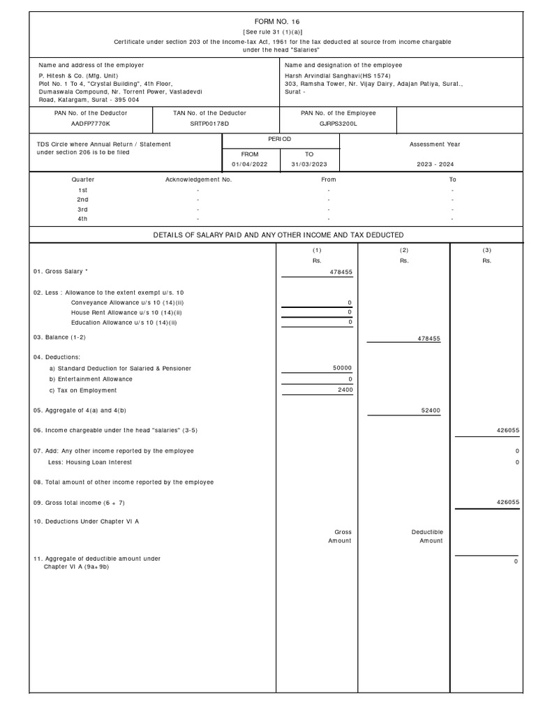 TDS Certificate Form 16 for Salaries | PDF | Tax Refund | Taxation