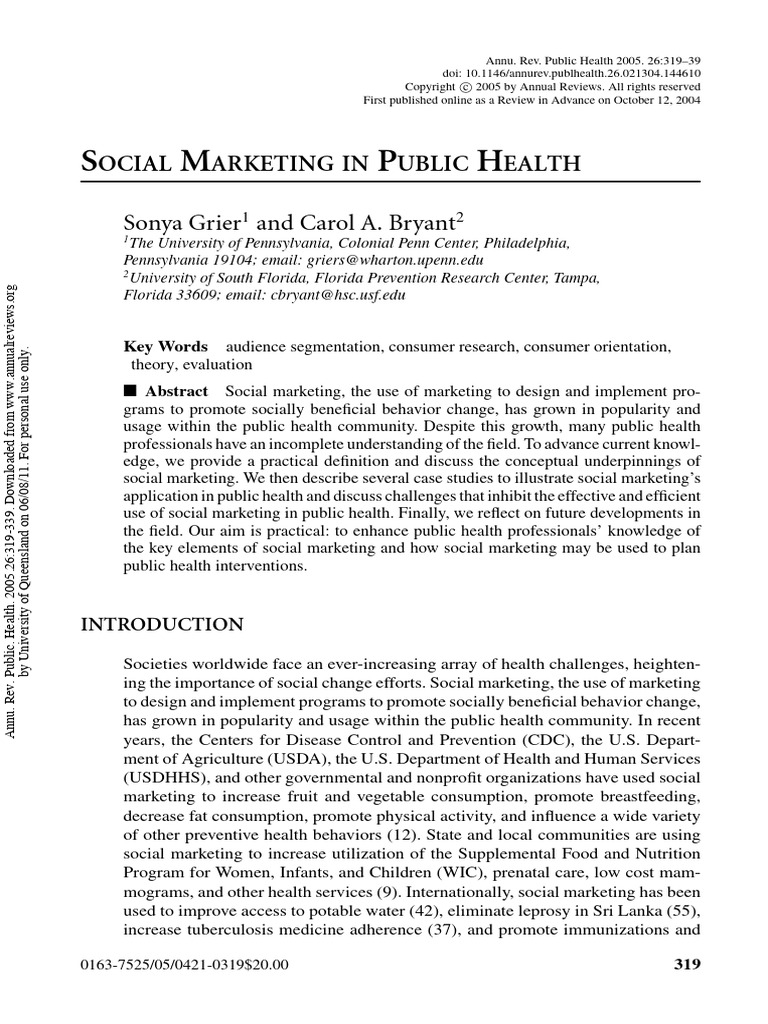 Social Marketing In Public Health Journal Pdf Marketing Behavior