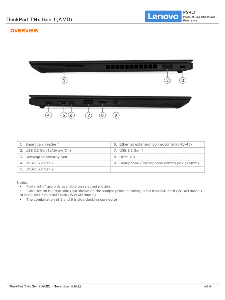 ThinkPad T14s Gen 1 AMD Spec | PDF | Usb | Electronics
