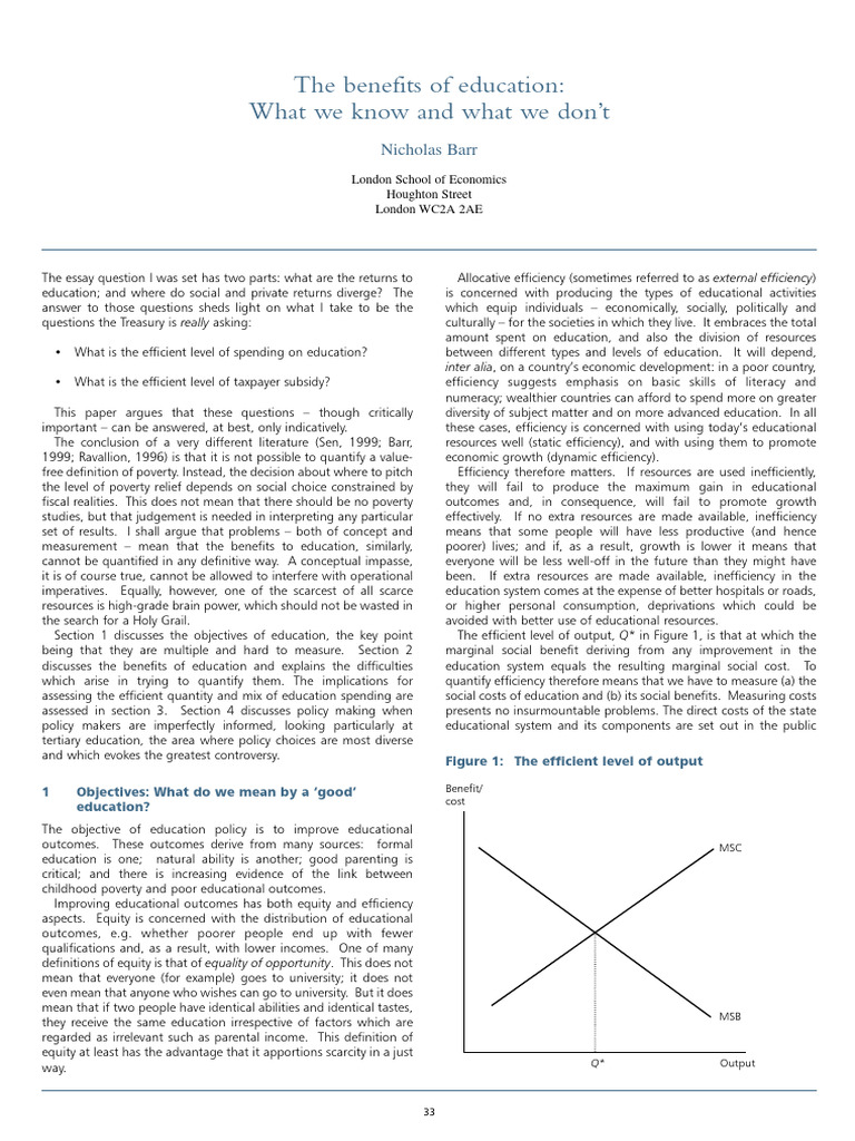 The Benefits of Education What We Know and What We PDF Economic