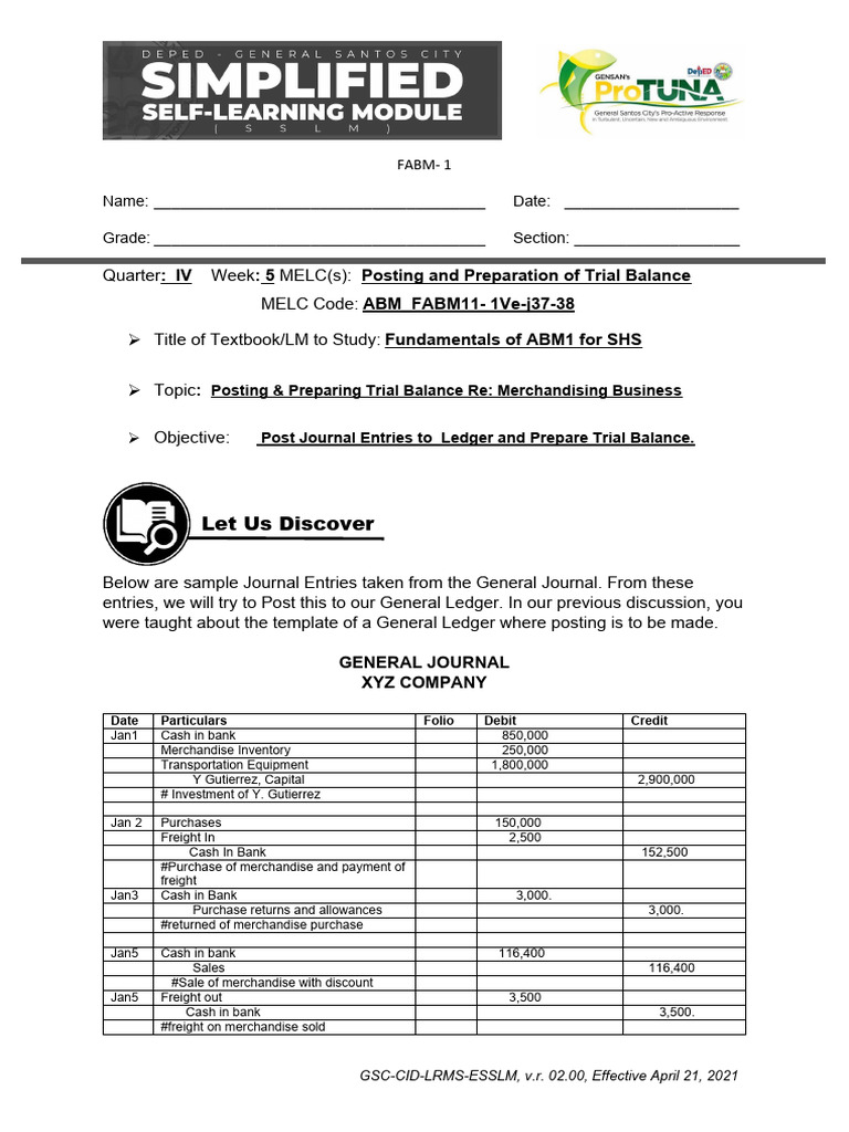 SSLM Fabm1 Posting and Preparation of Trial Balance | PDF | Debits And ...