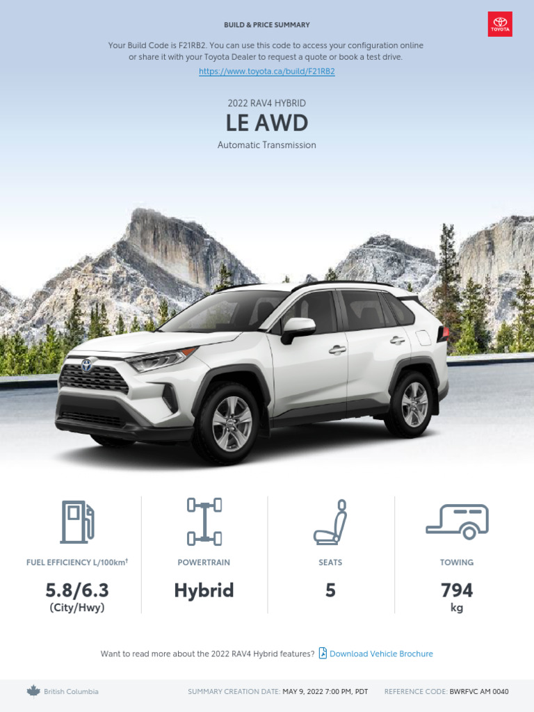 Toyota Build and Price 2022 RAV4 Hybrid LE AWD-2 | PDF | Taxes | Annual ...