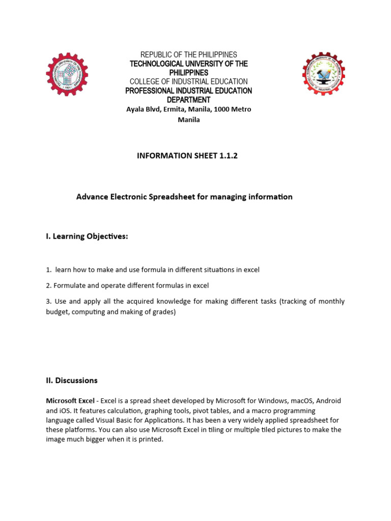 Information Sheet 1.1.2 - Documentation | PDF | Microsoft Excel ...