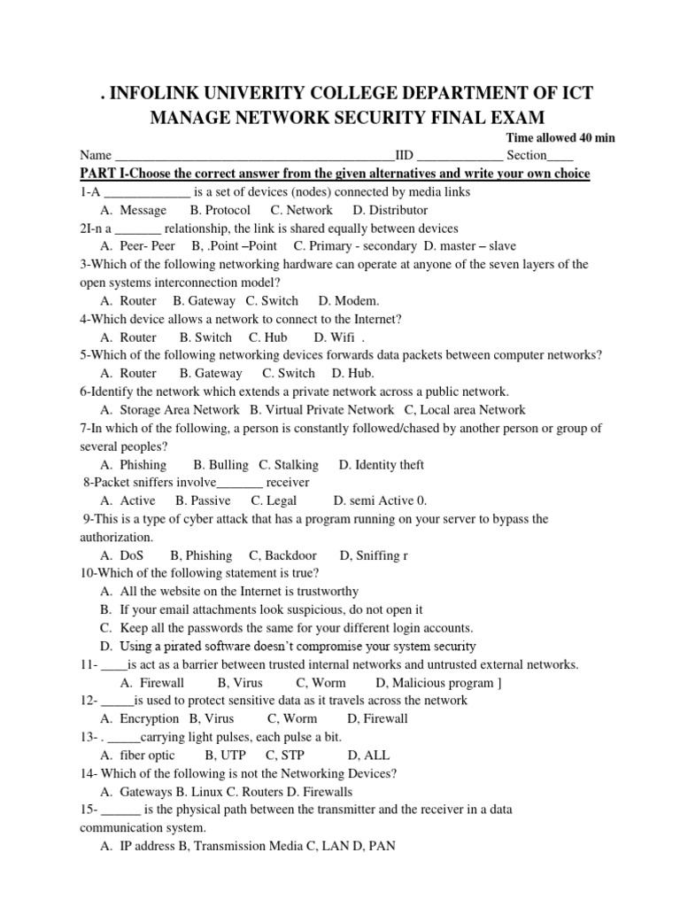 Network Security Final Exam Questions | PDF | Computer Network | Security
