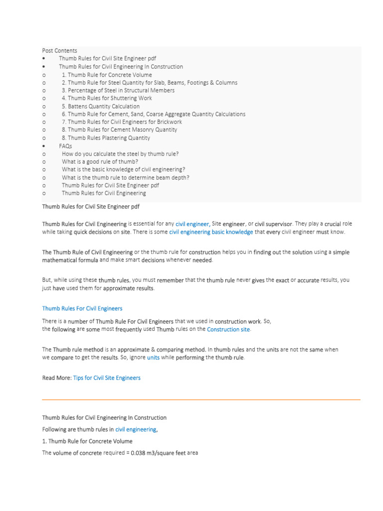 THUMB RULE ESTIMATION CIVIL ENGINEERING visual data 8