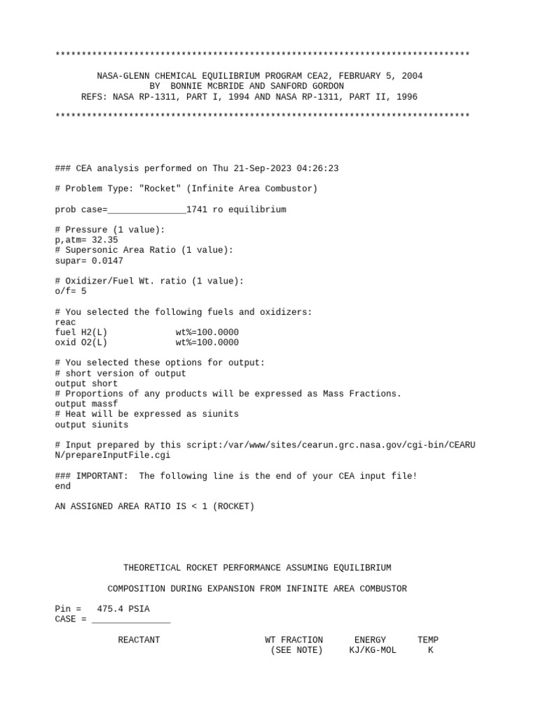 NASA CEA2 Rocket Performance Analysis | PDF | Chemistry