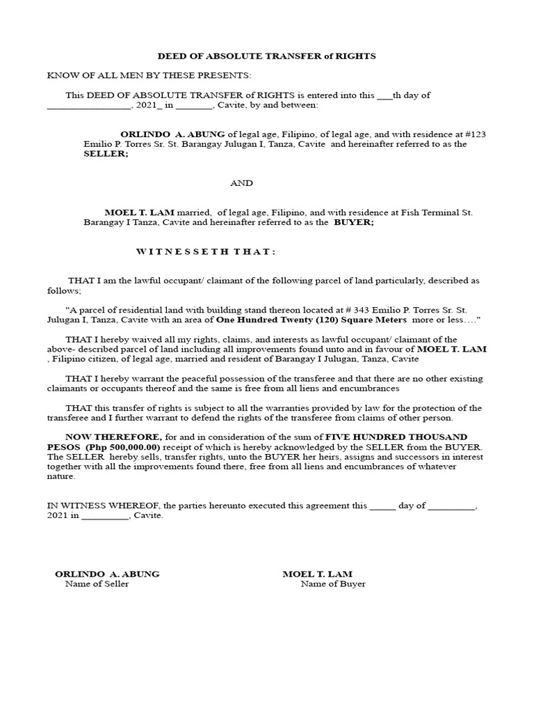 Deed of Absolute Transfer of Rights | PDF | Natural Resources Law ...