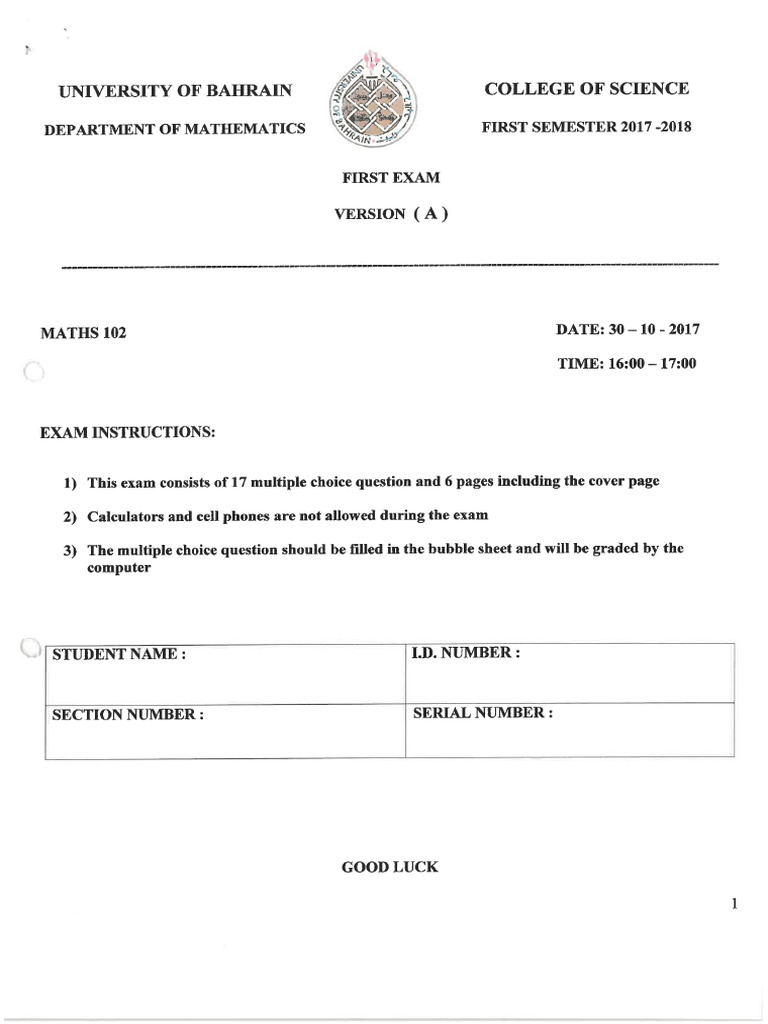 Math 102 Test 1 First 30-10-2017 | PDF