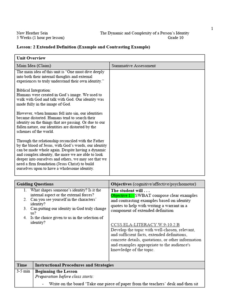 Lesson plan for teaching writing extended definition download free