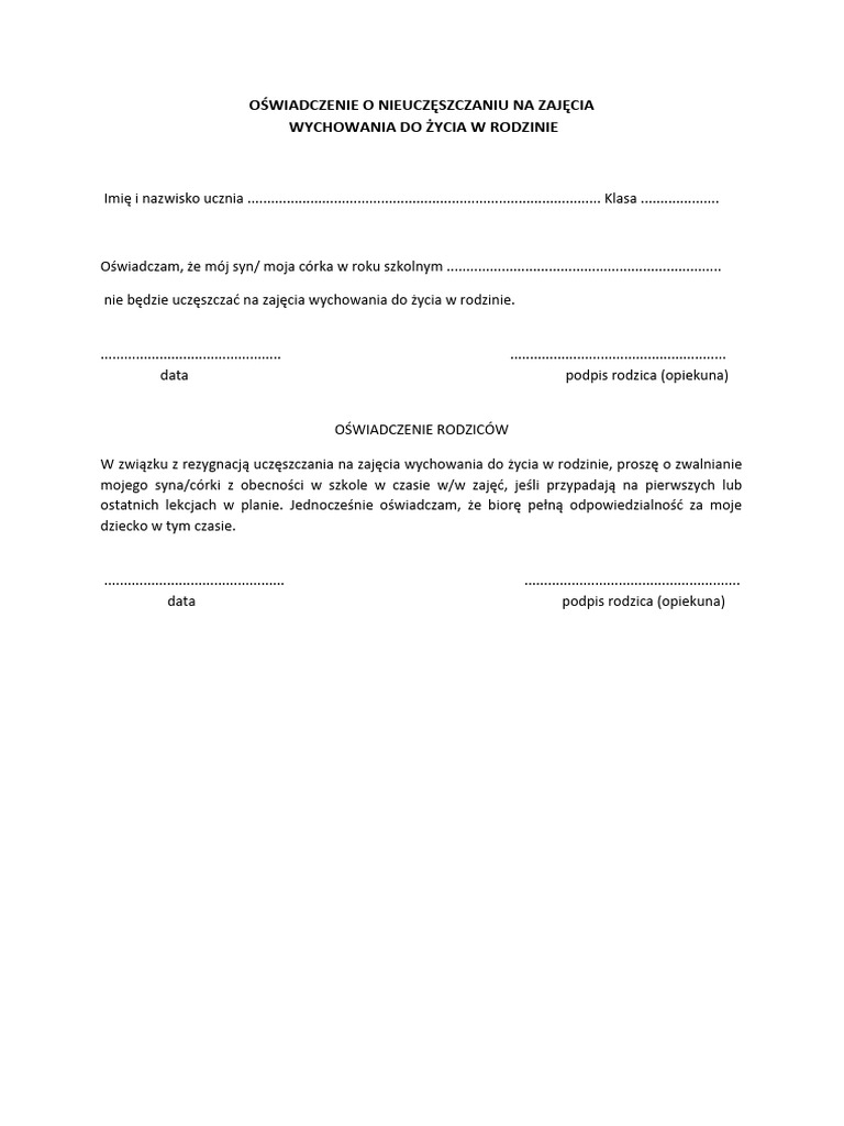 Oswiadczenie O Nieuczeszczaniu Na Zajecia WDZWR PDF