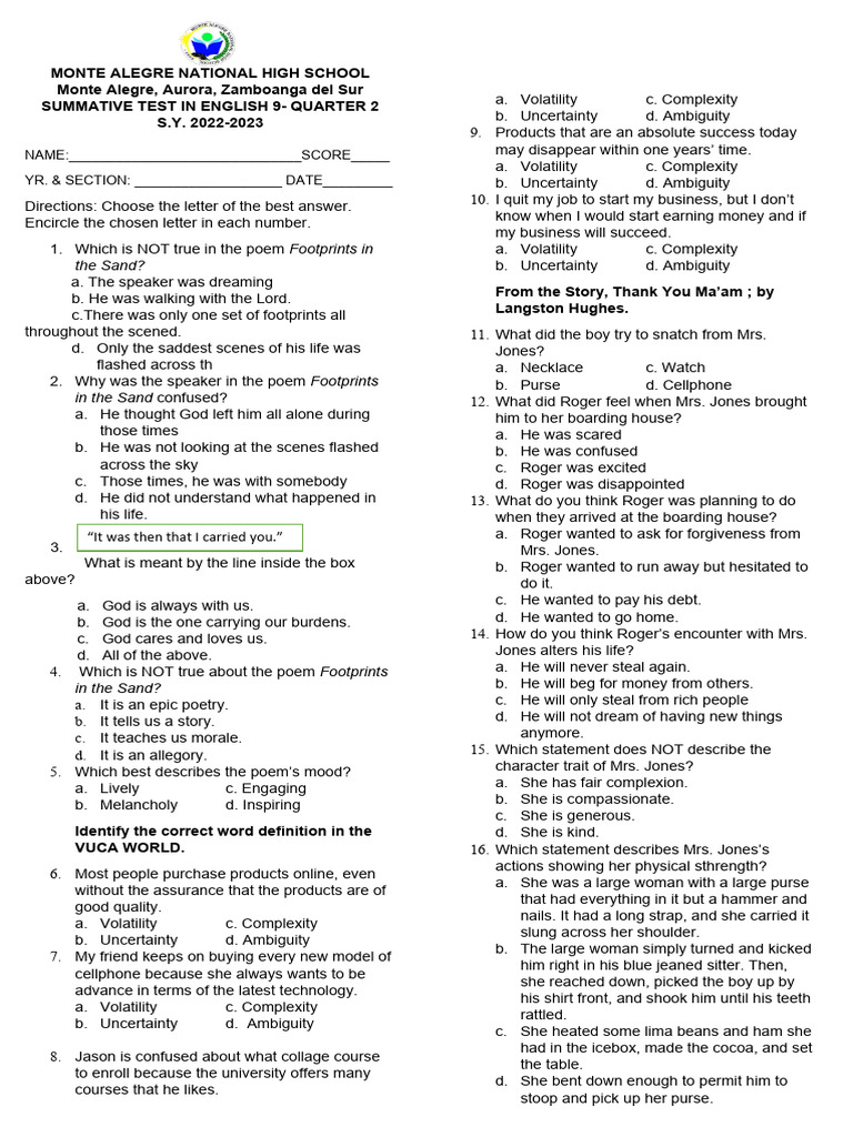 Grade 4 Summative Test in English 9 | PDF