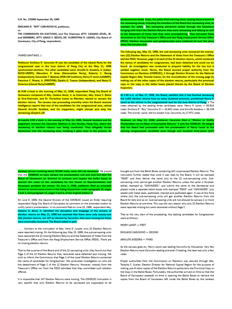 Caruncho vs comelec 315 scra 693 pdf voting commission on