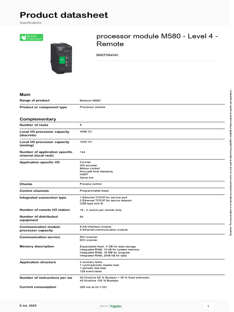 Modicon M580 Processor Module Datasheet | PDF