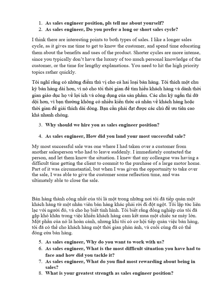 Sale Engineer Interview Question and Anwser | PDF