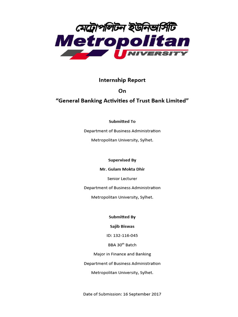 Internship Report On General Banking Act | PDF | Cheque | Banks