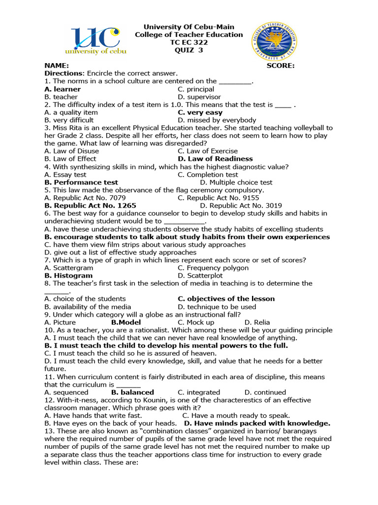 Quiz Answer Key for TC EC 322 | PDF | Teachers | Curriculum
