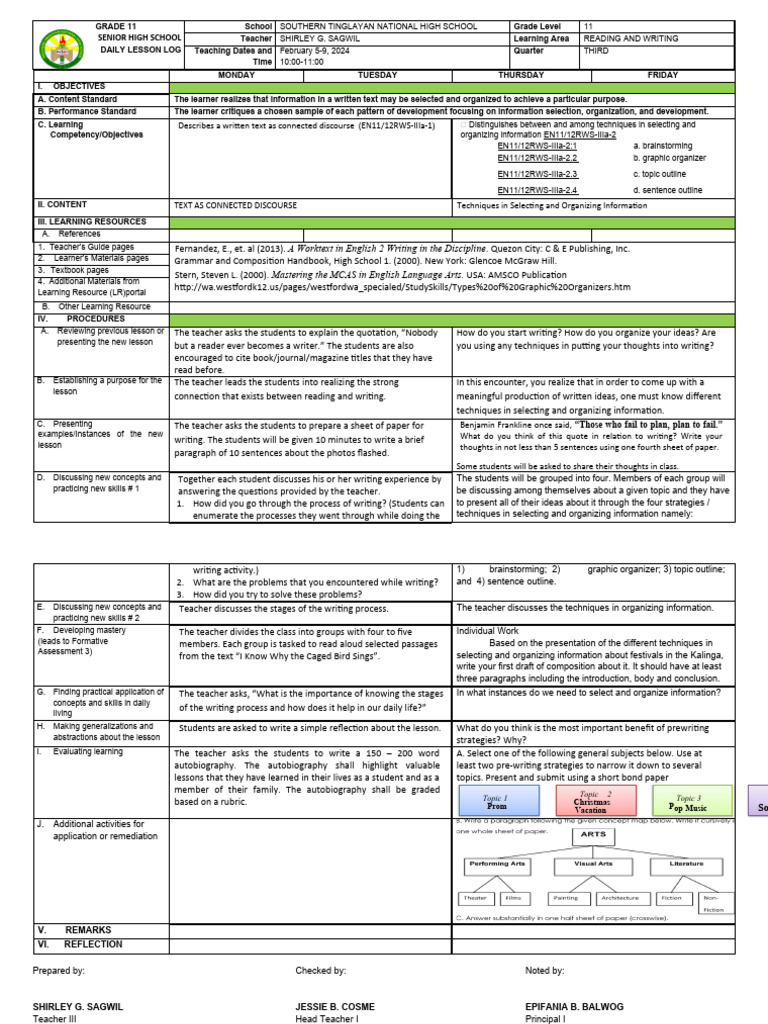 Grade 11 Reading and Writing Lesson Plan | PDF | Thought | Behavior ...