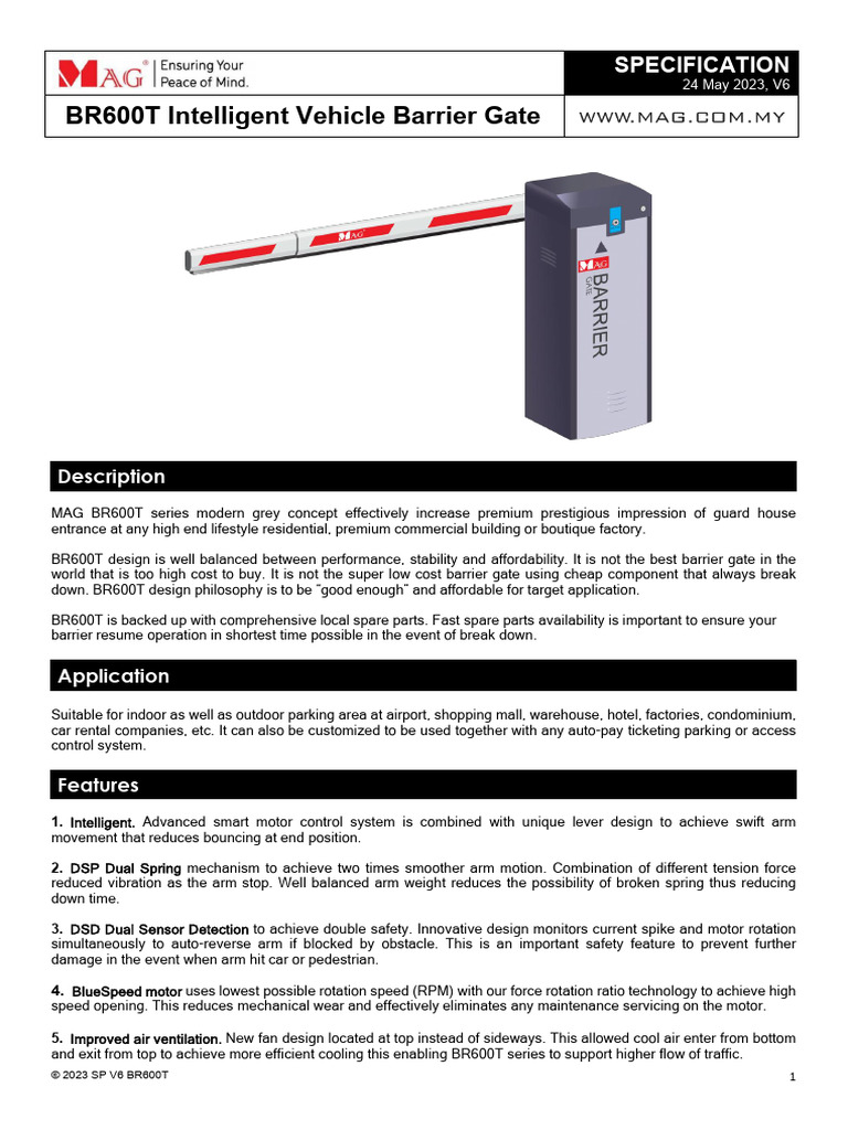MAG BR600T Barrier-Gate - Specification-Sheet | PDF | Engines | Traffic