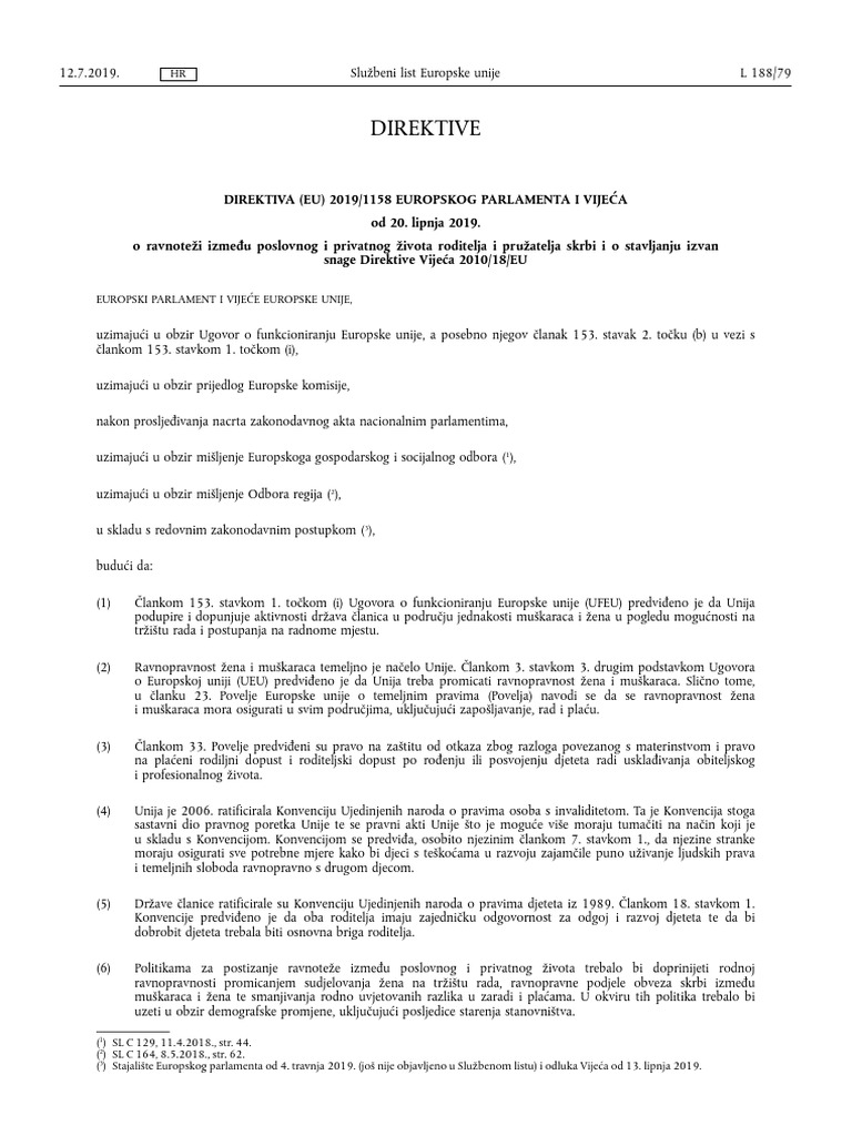 Directive On On Work-Life Balance For Parents and Carers (2019-1158 ...