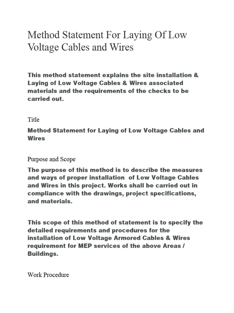 Method Statement For Laying of Low Voltage Cables and Wires | PDF ...