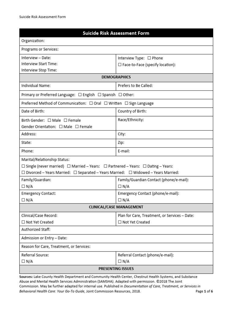 Suicide Risk Assessment Form | PDF
