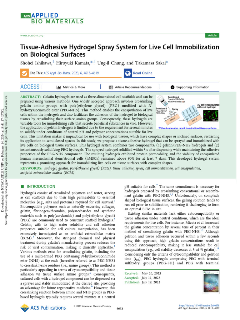Ishikawa Et Al 2023 Tissue Adhesive Hydrogel Spray System For Live Cell ...