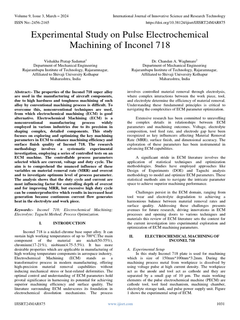 Electrochemical Machining of Inconel 718 | PDF | Machining | Electricity