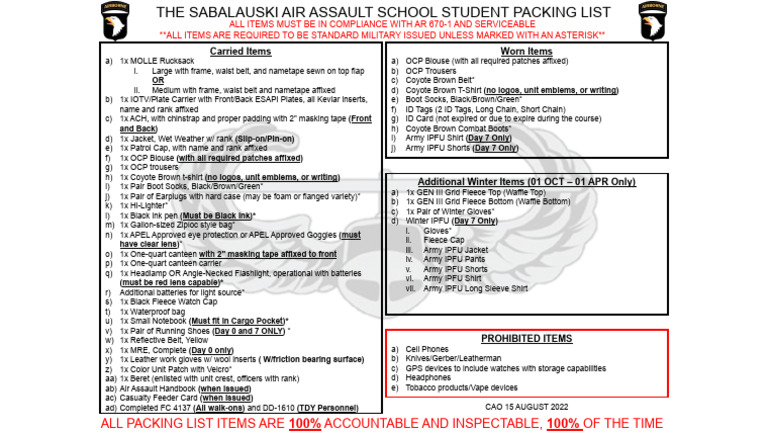 Sabalauski Air Assault School Packing List | PDF | Clothing | Fashion