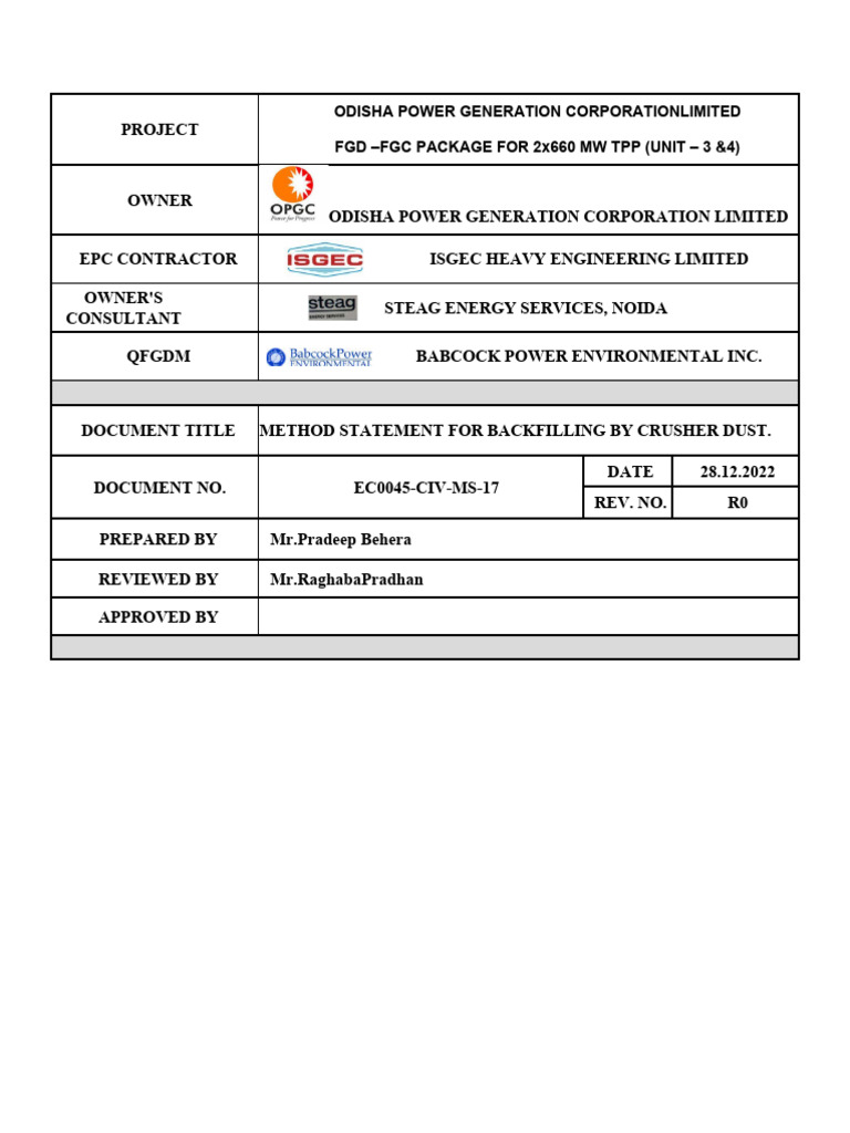 Method Statement for Crusher Dust Backfilling | PDF | Technology ...