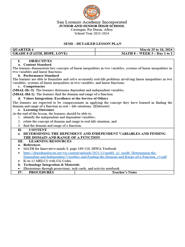 Grade 8 Math: Domain & Range Lesson Plan | PDF | Function (Mathematics ...
