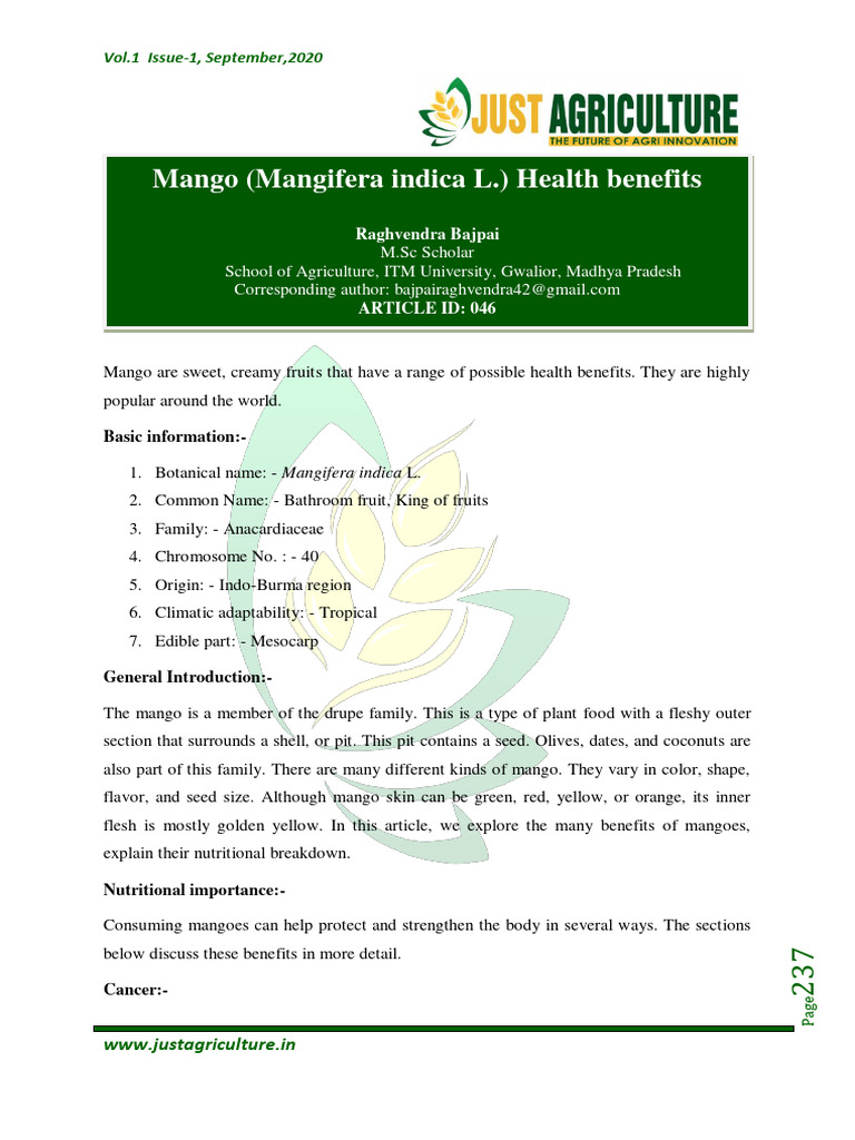 Mango (Mangifera Indica L.) Health Benefits Download Free PDF Vitamin Carbohydrates