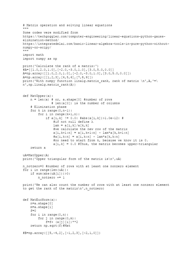 class_3_code | PDF | Matrix (Mathematics) | System Of Linear Equations