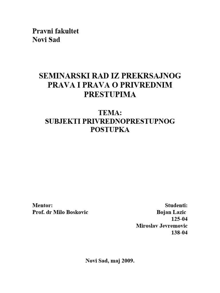 Subjekti Privrednoprestupnog Postupka | PDF
