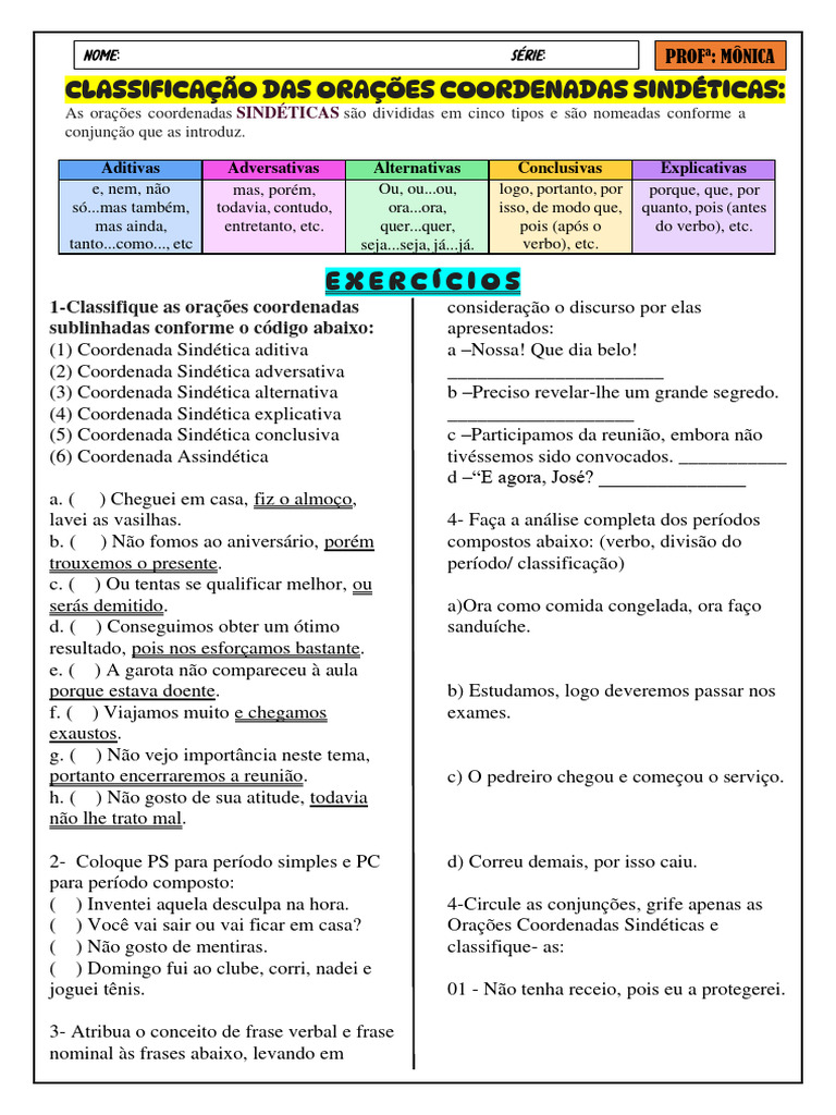 Classificação Das Orações Coordenadas Sindéticas | PDF | Sintaxe ...