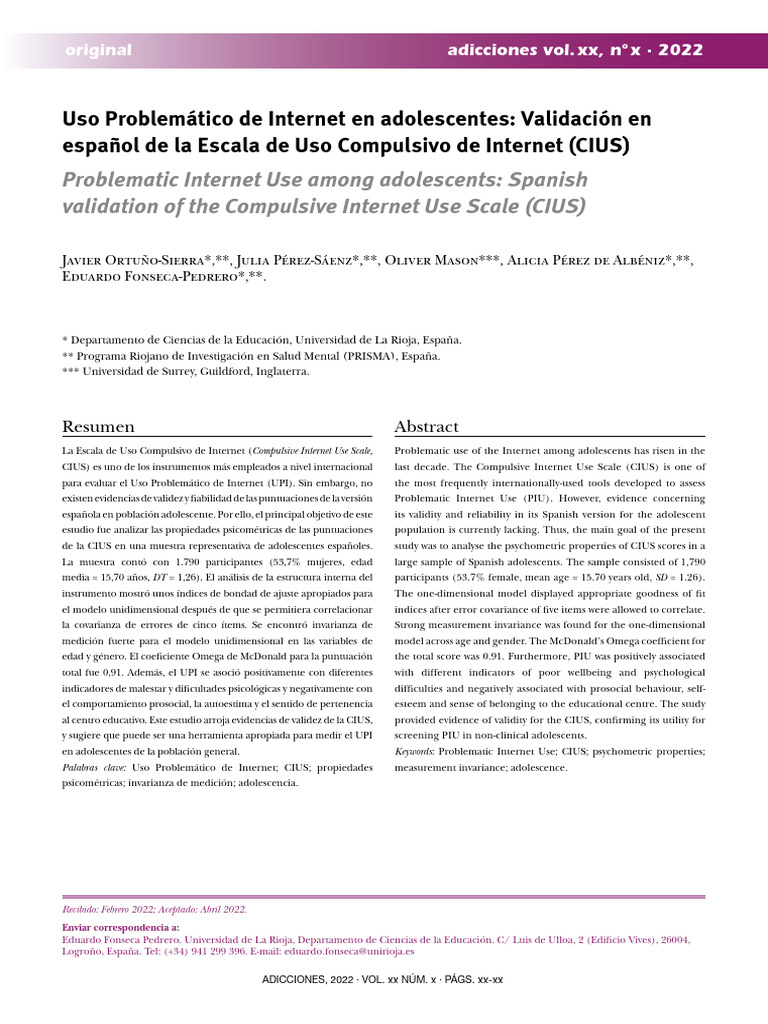 Validación de la Escala CIUS en Adolescentes | PDF | Escala Likert | La ...