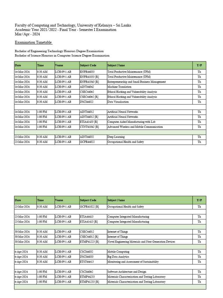 Final Year Finalized Examination Schedule 2021 2022 Semester I
