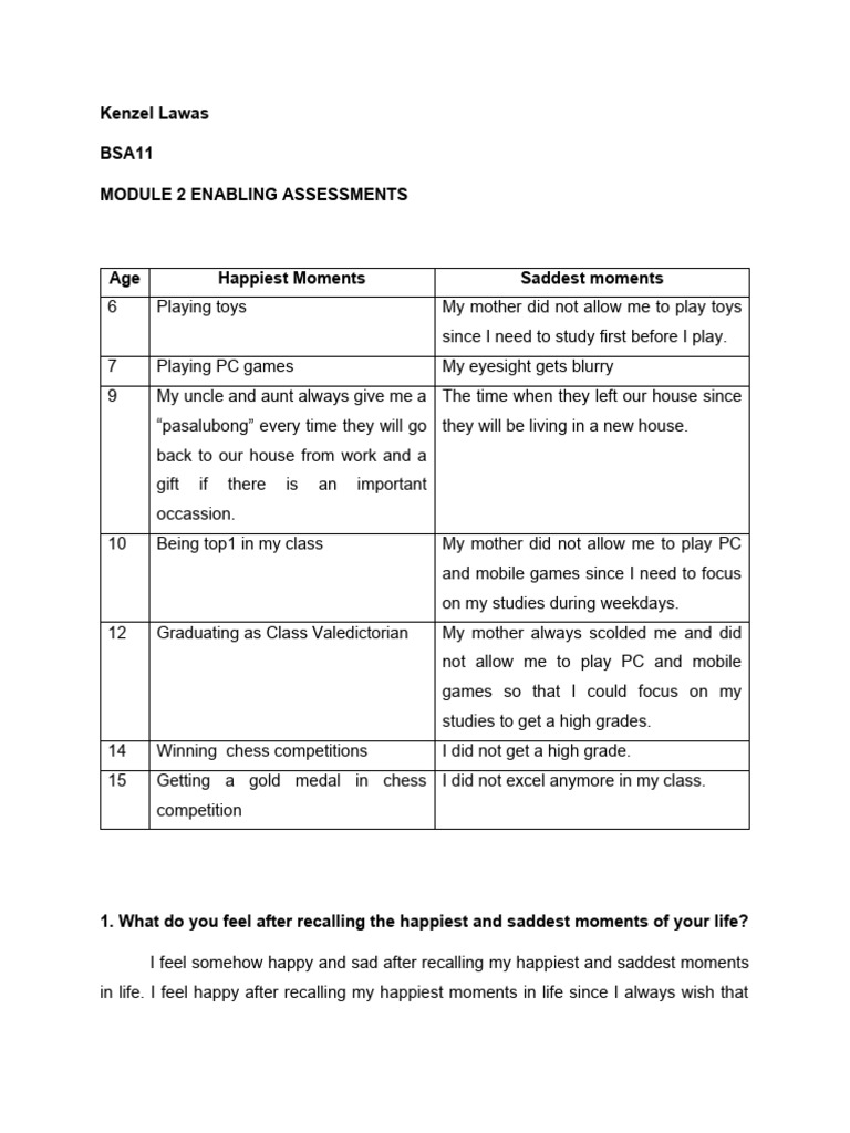Kenzel Lawas - BSA11 - MODULE 2 ENABLING ASSESSMENTS | PDF | Self ...