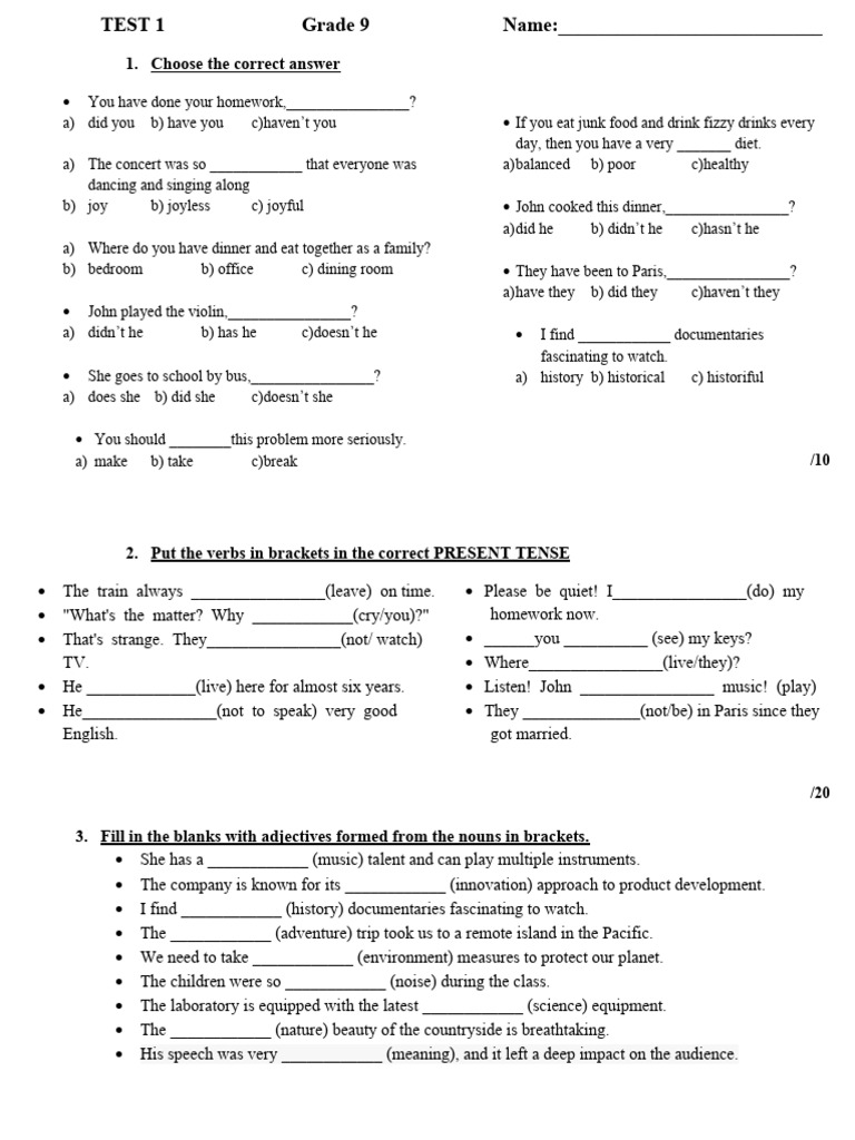 TEST 1 Grade 9 | PDF | Language Mechanics | Linguistic Typology