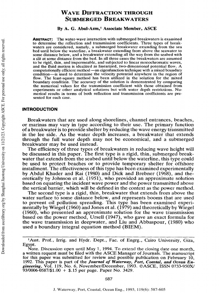 Abul azm 1993 wave diffraction through submerged breakwaters pdf