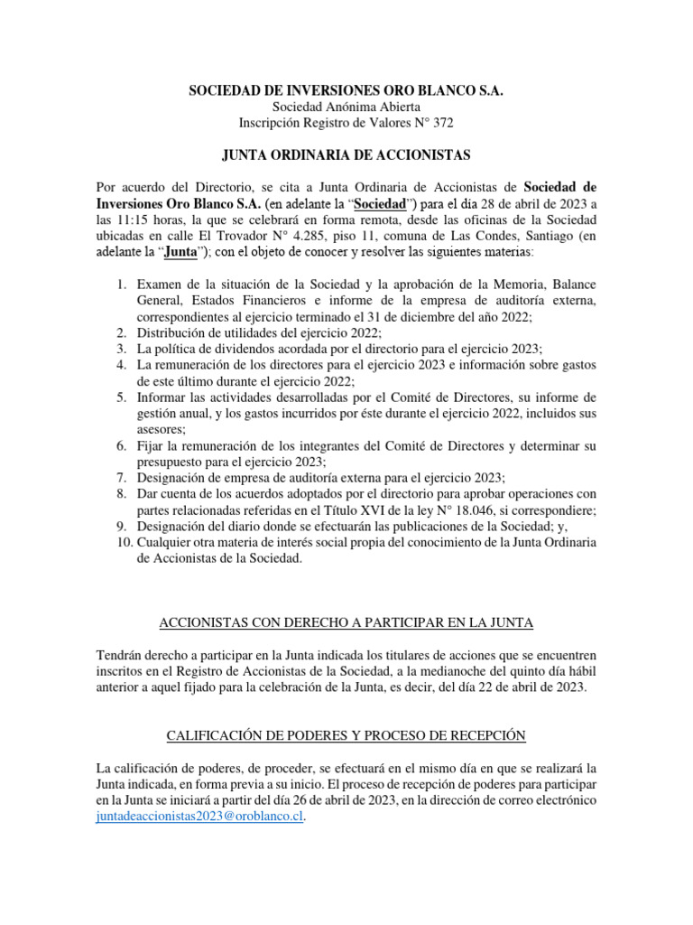 Junta Ordinaria de Accionistas 2023 | PDF | Votación | Videotelefonía