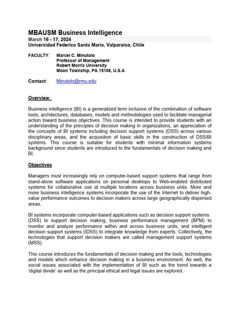 MBAUSM Business Intelligence Course 2024 | PDF | Decision Support ...