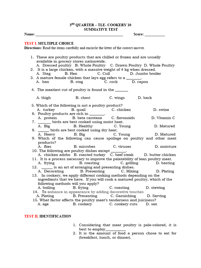3rd Quarter Summative Of Cookery 10 Pdf